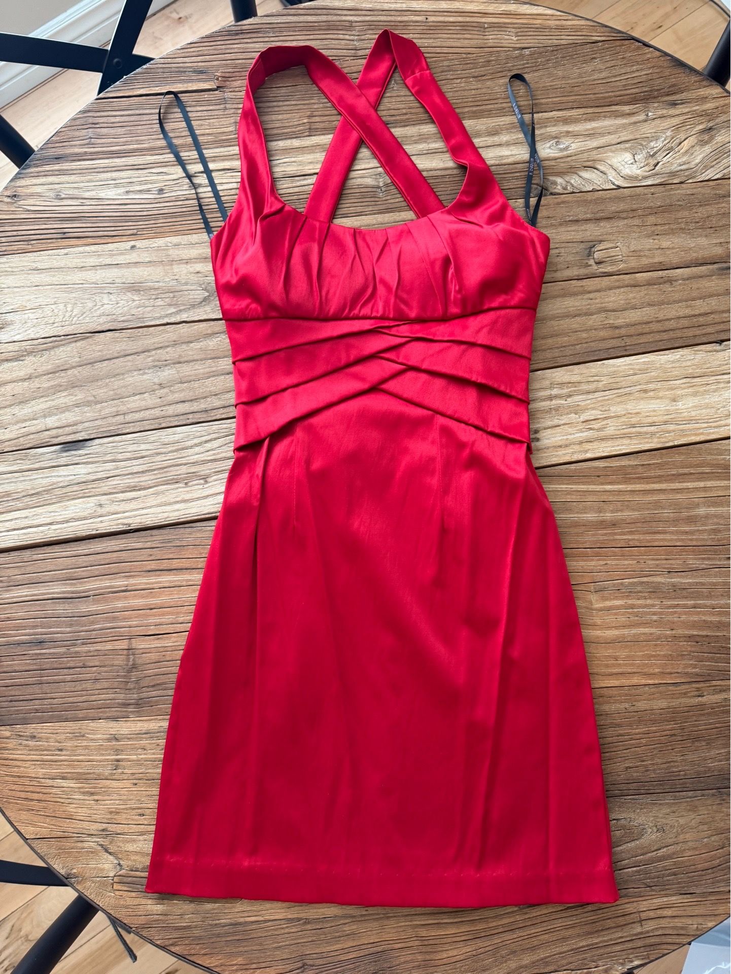 Red B. Darlin fitted dress with pleated details and cross back Straps XS