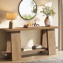 RY0257 70.9-Inch Long Console Table, 2-Tier Narrow Sofa Table Behind The Couch for Living Room, Entryway, Hallway (Natural)