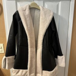 Beauty Women Faux Leather Jacket Winter Long Sleeve Warm Belt Coat with Collar