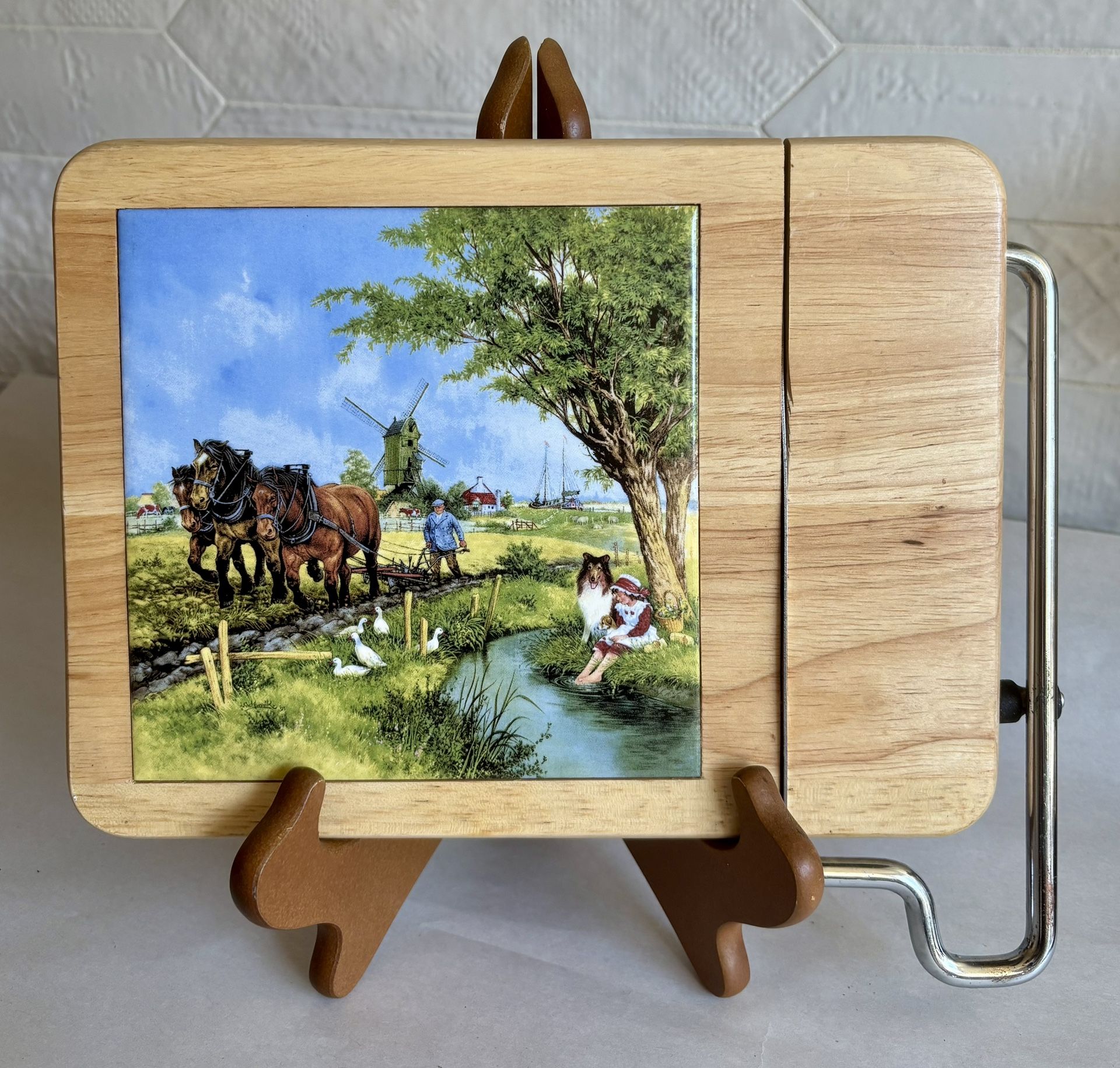 Vintage Delftware Wood And Ceramic Cutting Board
