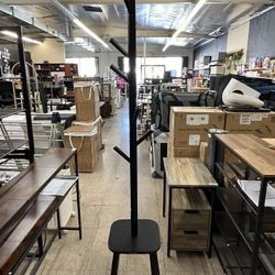 VASAGLE Coat Rack Free Standing Stand Hall Tree with 8 Hooks w/ Storage Shelf - Black