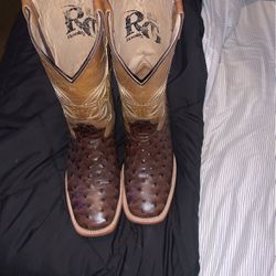 Men Brown Ostrich Square Toe Cowboy Boot