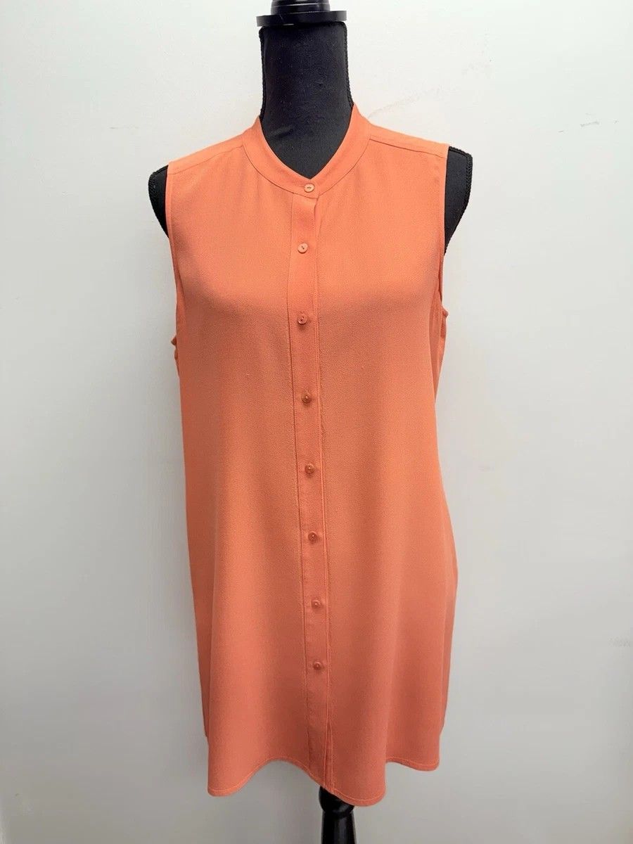 Eileen Fisher Orange 100% Silk Button Up Tunic Tank Top Shirt Sleeveless XS extra small