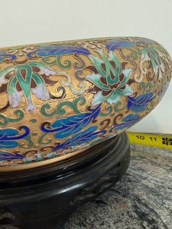 Large Vintage Chinese Cloisonne Bowl 14" Flower Motif on Wood Stand - Republic/PRC Era