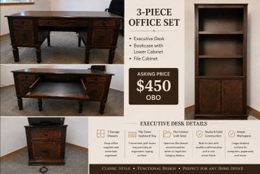 Ashley Furniture 3-Piece Executive Home Office Set – Desk, Bookcase & File Cabinet – $450 OBO