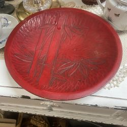 Vintage Red Asian Carved Cinniabar Plate Wall Decor 