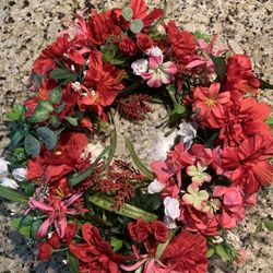 New Custom Made 21 Inch Wreath In Reds, Whites And Pink Flowers On Twisted Wood Branch Wreath Base. Very Full Of Various Flowers 