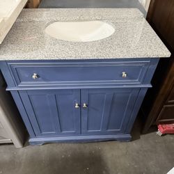 Home Decorators Collection Fremont 32 in. Single Sink Navy Blue Bath Vanity with Grey Granite Top (Assembled)