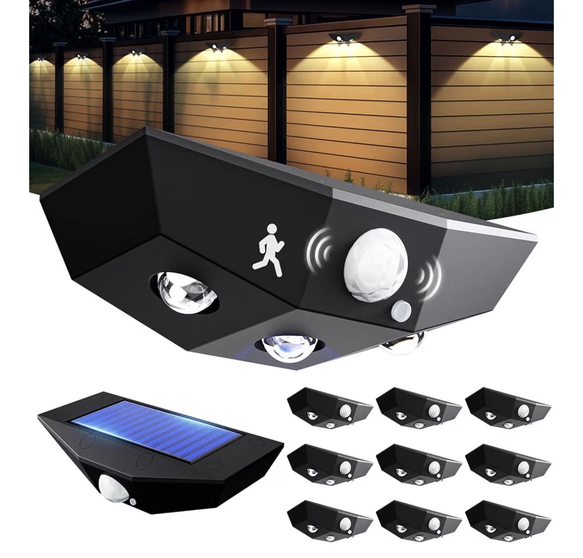 12 Pack Solar Fence Lights, Motion Sensor Outdoor Light with 3 Sided Lighting, 60 Lumens Fence Light Solar Powered, Solar Lights Outdoor Waterproof wi