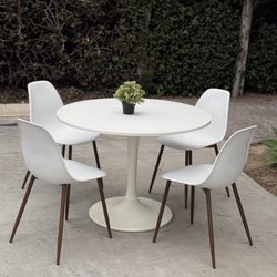 5-Piece White Tulip Pedestal MCM Round Table 4 Chair Dining Set
