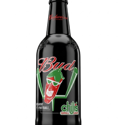 LARGE Glass Budweiser Because It's Football Chili's Grill & Bar, BEER BOTTLE With Lid/Cap. Bottle measures 14 1/2” Tall Rare Item!