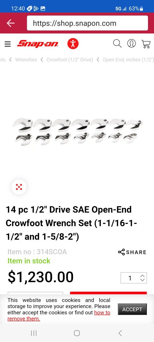 Snap-on 14- Piece 1/2"drive Open End Crowfoot Set