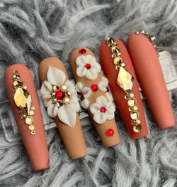 XL coffin brown press on nails red rhinestones white acrylic