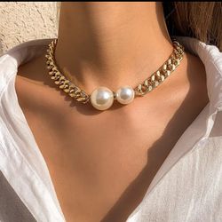 Punk Cuban Chains Necklaces Women Gothic Imitation-Pearl Pendant Necklace Girl