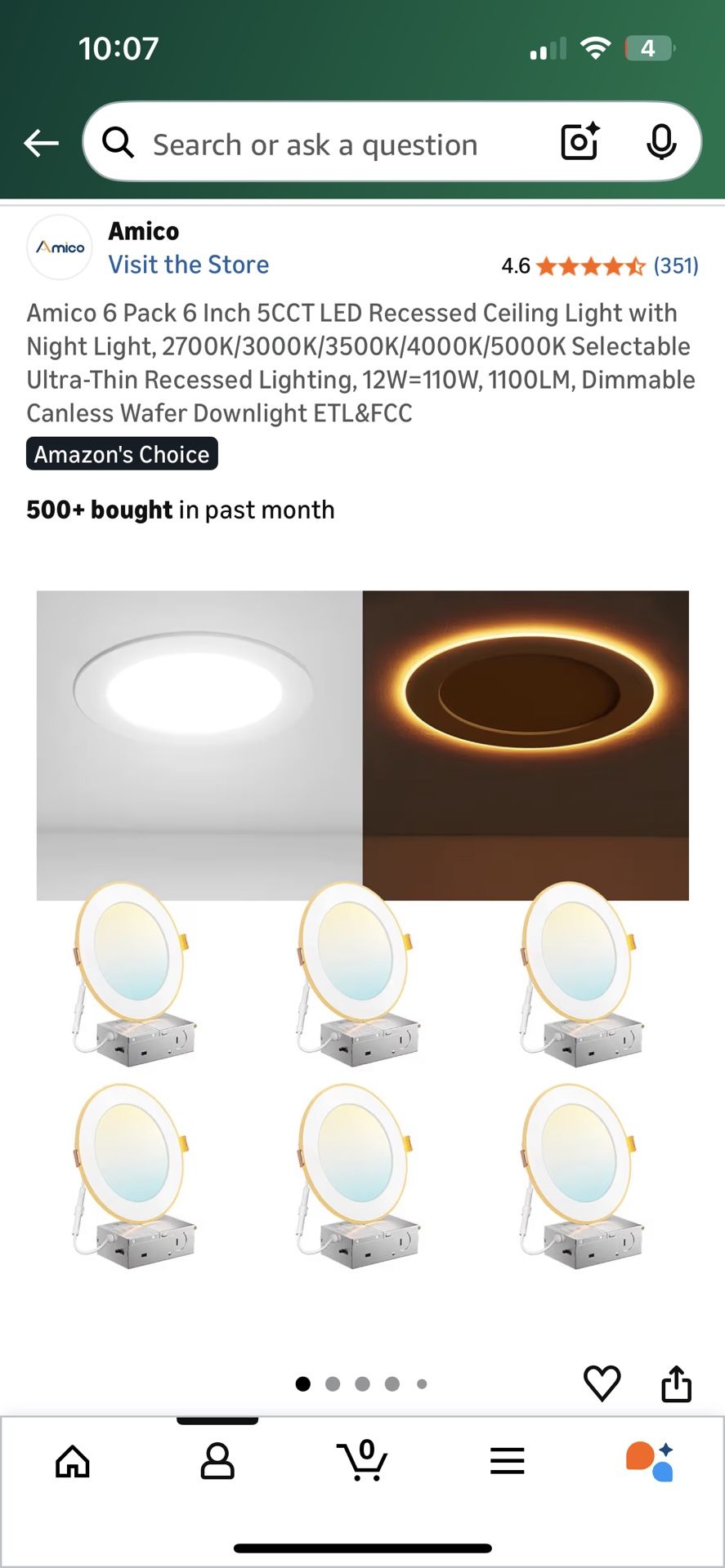 6 Pack 6 Inch 5CCT LED Recessed Ceiling Light with Night Light, 2700K/3000K/3500K/4000K/5000K