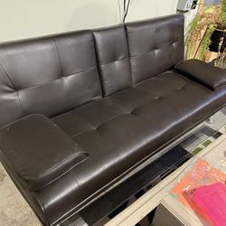 Futon Sofa Bed – Brown Faux Leather – Great Condition! $50 (OBO)