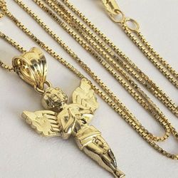 10k 14k gold angel pendant box chain charm set necklace 10k 14k