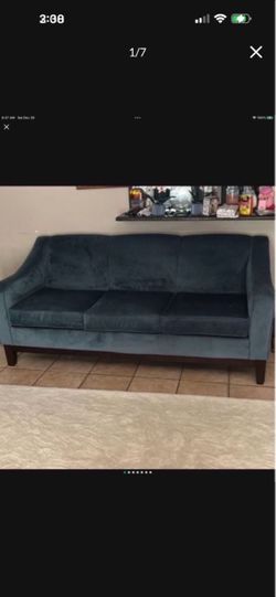 Best home furnishings Blue Velvet 3-Seat Sofa with Wood Legs