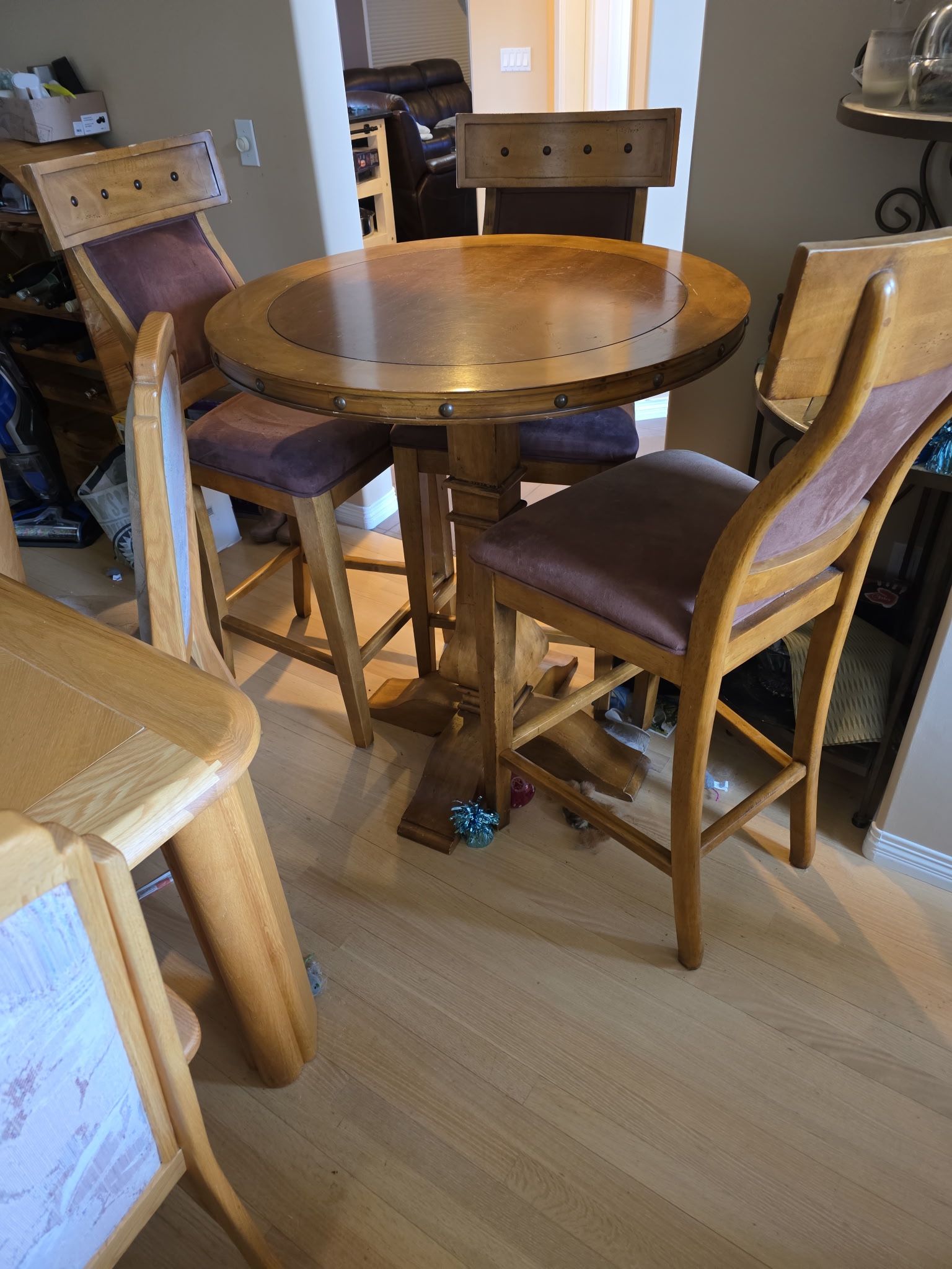 Pub Style Solid Wood Round Table, 3 Chairs Great Condition