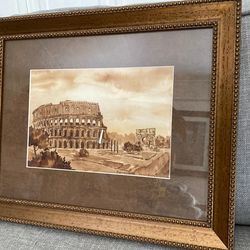 Copper Toned Framed Watercolor Of The Colosseum And The Arch Of Constantine