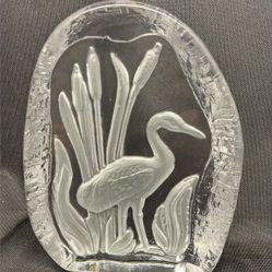 Vintage Crystal Paperweight Light Catcher Of Heron In Reeds Etched West Germany Goebel Company