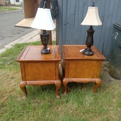 Two Brown End Tables With Lamps 