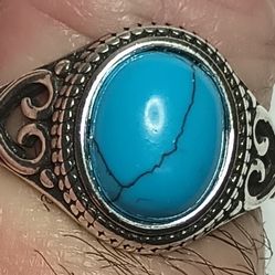 Silver Tone Ring Simulated Turquoise 