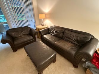 Bernhardt Leather Sofa, Oversized Chair & Ottoman – 3 Piece Set