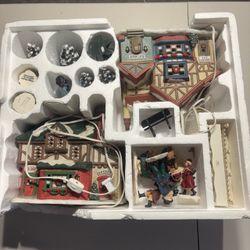 Vintage Christmas Village Square Set with Buildings and Figurines