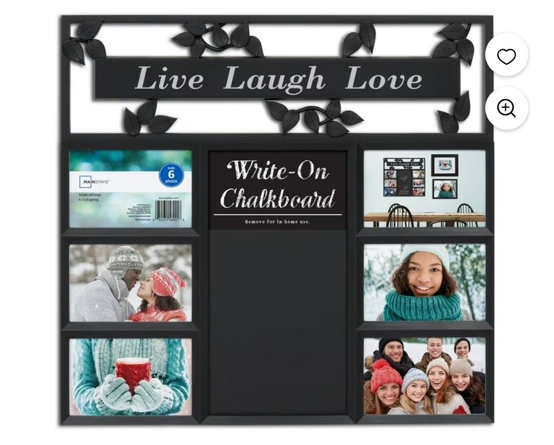 New SEALED - Live,  Laugh,  Love- 6 Opening Collage Frame Black with Chalkboard, 6- 4x6 and a Chalk board,  Home Decor