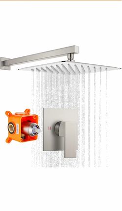 gotonovo 10" Rain Shower Head and Handle Set with Valve Brushed Nickel Bathroom Shower Faucet Set,SUS304 High Pressure Rain Head, Single Handle, All M