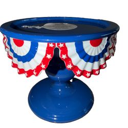 PATRIOTIC BUNTING Bath & Body Works 3 Wick Candle Pedestal Holder USA flag NEW