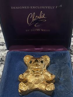 Charlie by David Webb Teddy Bear Brooch Gold Tone Vintage w Box Designer Pin