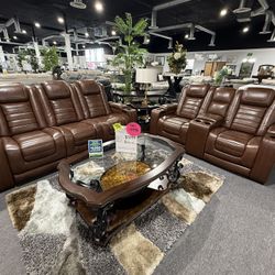 2 Pc Sofa And Loveseat With Massage Real Leather 