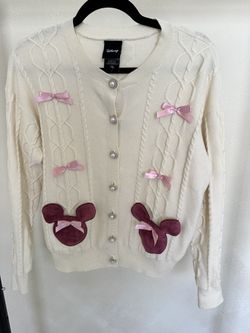 Disney Minnie Mouse Bow Heart Women’s Cable Knit Cardigan Size Small