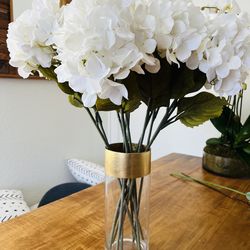 White Faux Ortensia Bouquet + Glass Vase