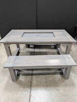 Grey Washed Wood Outdoor Dining Table and Bench Set