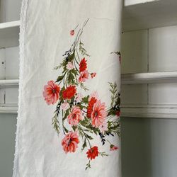 Vintage linen floral tablecloth  50”x 49” with hand stitched edges.  Beautiful bright pinks and oranges florals and greenery on white background  