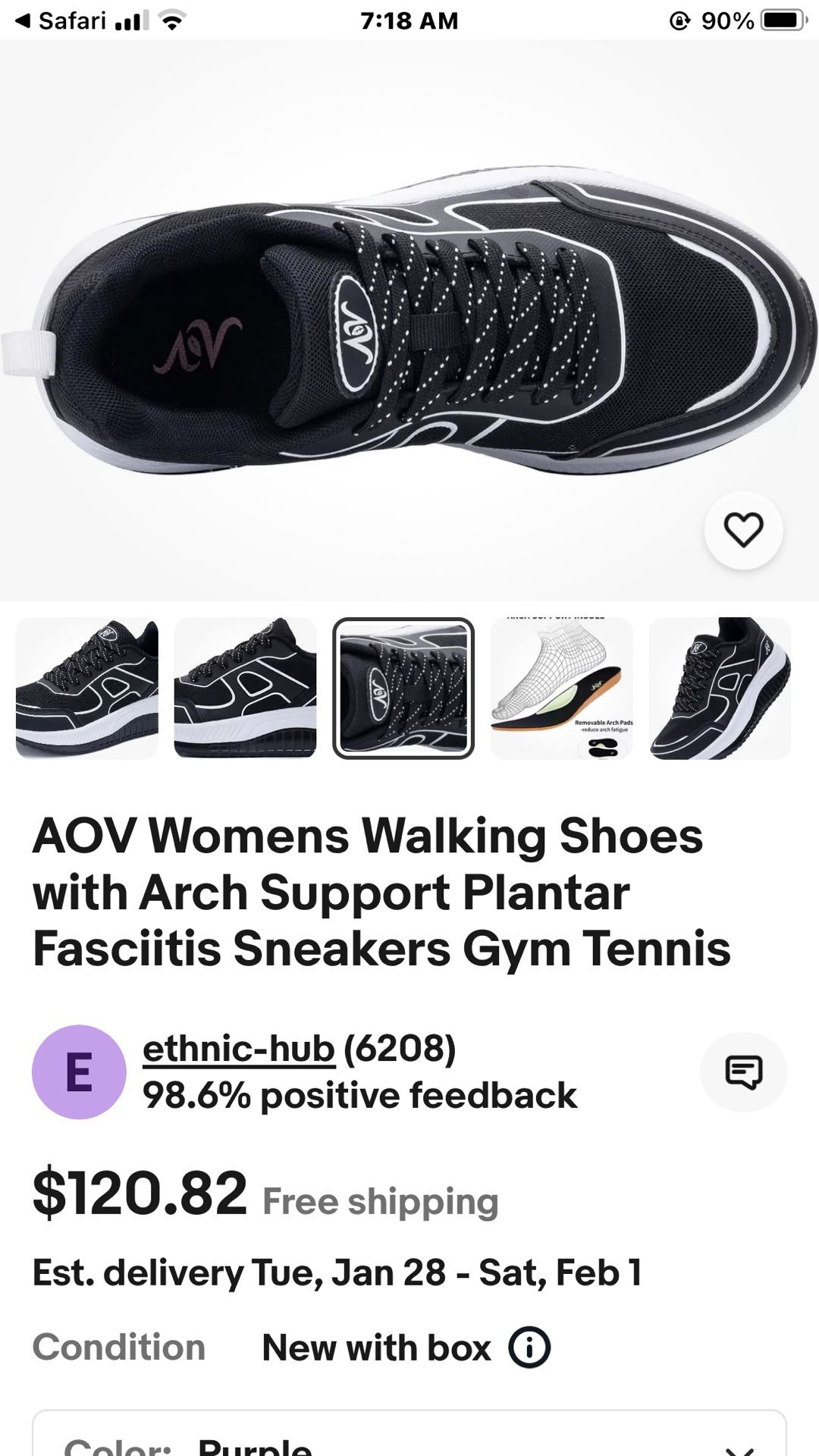 ** 1/2 Off Sale.!!AOV Arch Support Walking Shoes Size 9 Purple/Black NEW