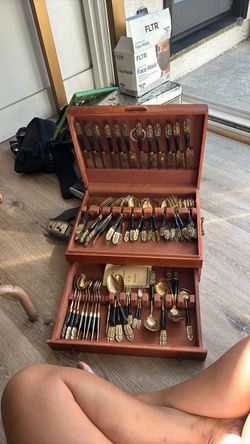 Vintage Mid Century Brass & Horn Flatware Set Multi-Tier Naken's Anti-Tarnish Chest Hong Kong MCM