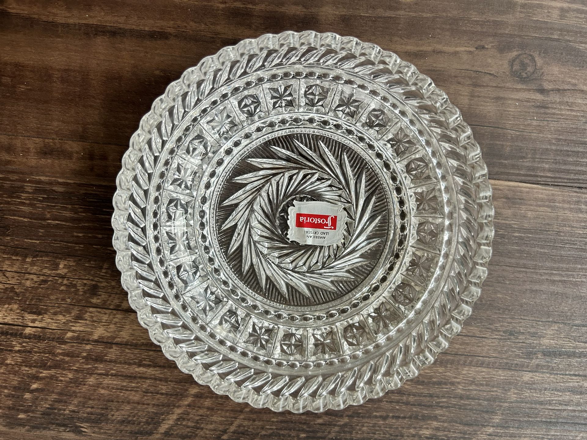 Elegant FOSTORIA Lead Crystal Bowl Foil Label Sawtooth Rim Swirl Star 5.5" diam