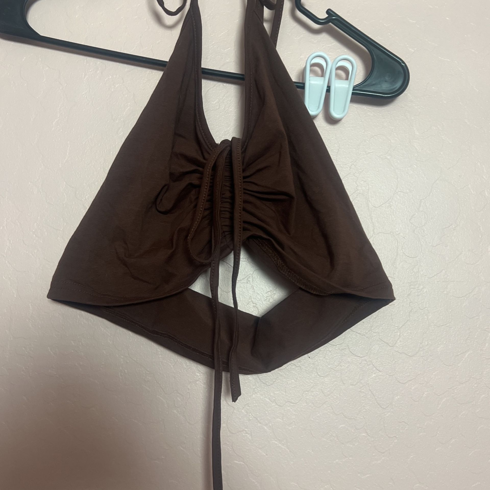 (L) Ruched Halter Top Brown 