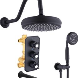 All Metal Matte Black Shower System with Tub Spout 8 Inch Bathroom Thermostatic Shower Mixer Faucet Set Wall Mount Rain Shower Head with Handheld Spra