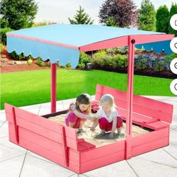Sandbox with Lid & Cover, Wooden Kids Outdoor Sand Box with Height-Adjustable UV-Resistant Canopy, 2 Foldable Bench Seats & Bottom Liner, 43x4