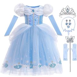 🔥Brand new🔥 Girls Princess Dress Kids Halloween Carnival Party Cosplay Costume Toddler Puffy Sleeve Blue Fancy Outfit for3-4years old