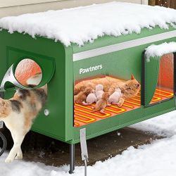 Pawtners Heated Outdoor Cat House for Outside Cats, 26'' XL Insulated Weatherproof Cat Shelter with Heated Pad, Elevated Feet & Escape Door, Warm Kitt