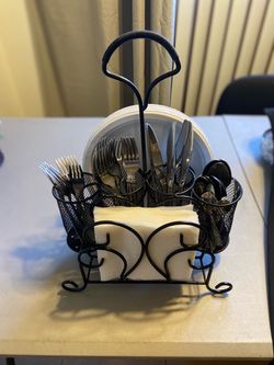 Black Metal Flatware and Napkin Caddy