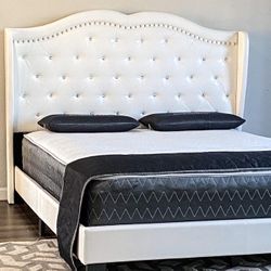 White King Size Diamond Leather Bed Frame With Mattress/Fast Delivery
