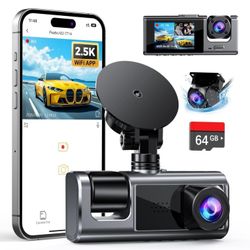 3 Channel WiFi Dash Cam Front and Rear Inside with 64GB SD Card, 2.5K+1080P+1080P Car Dash Camera