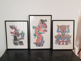 Set of 3 Framed Mayan Rubbings on Handmade Paper